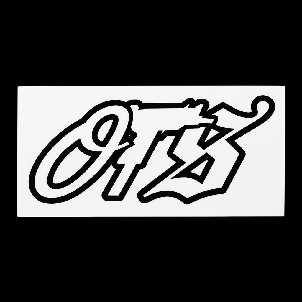 OTS black outline sticker on white backing against black background