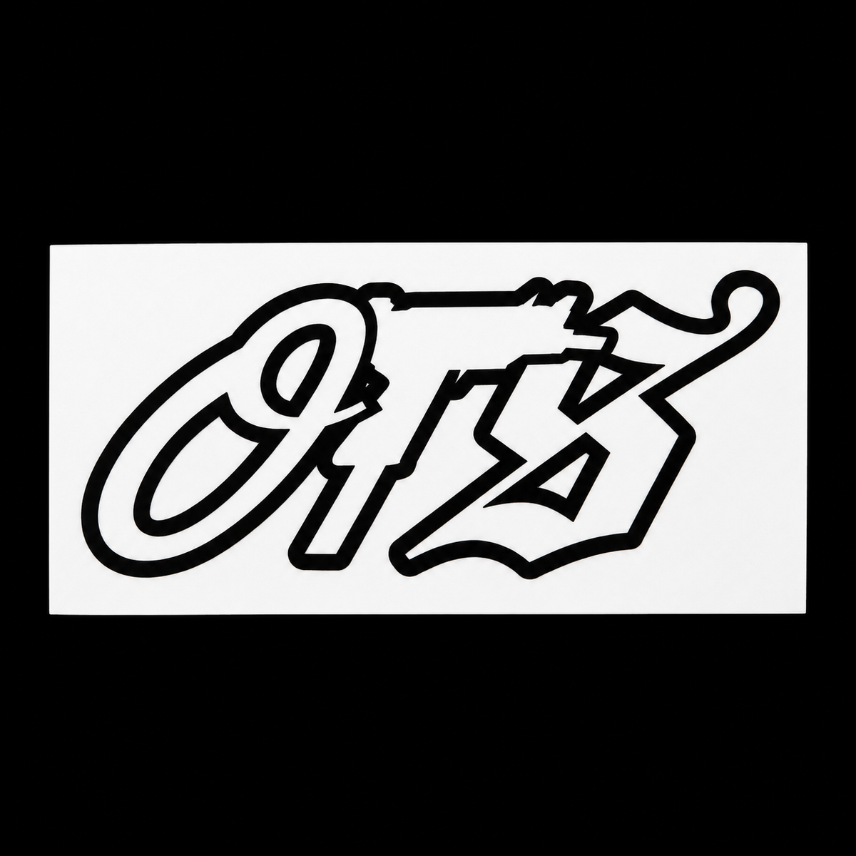 OTS black outline sticker on white backing against black background