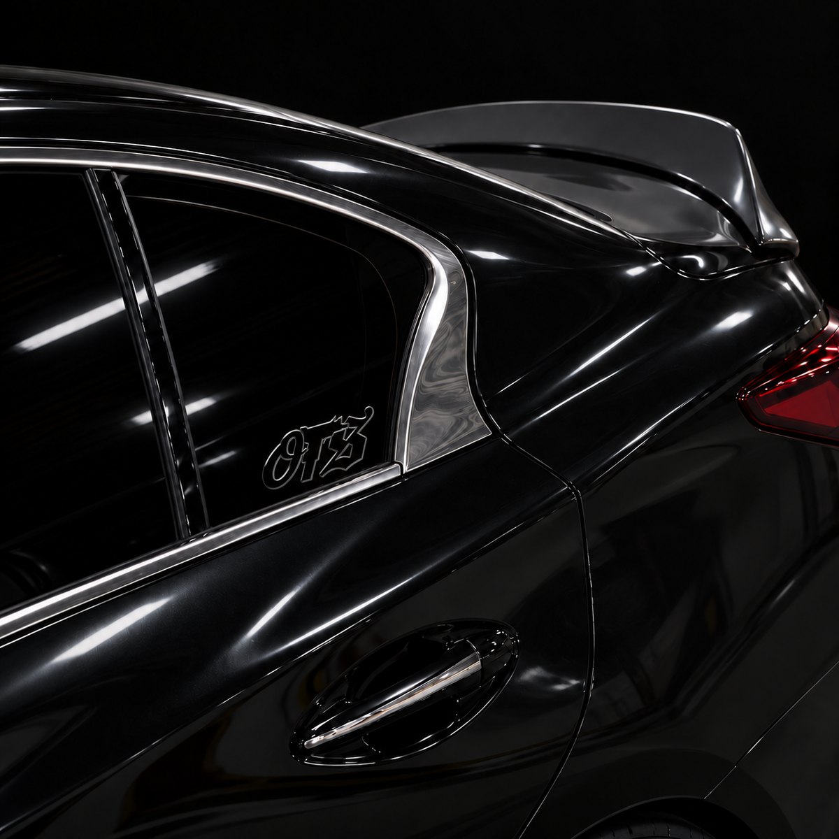 Black OTS 6 x 2.5 inch outline vinyl, no fill, on a black car side window