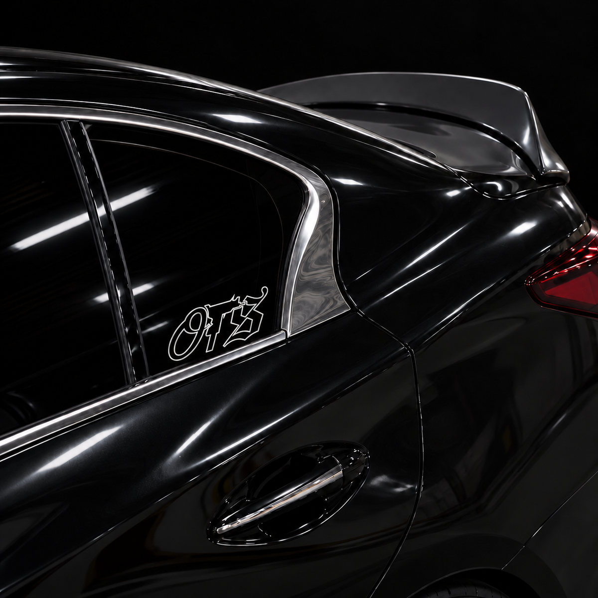 Chrome OTS 6 x 2.5 inch outline vinyl, no fill, on a black car side window