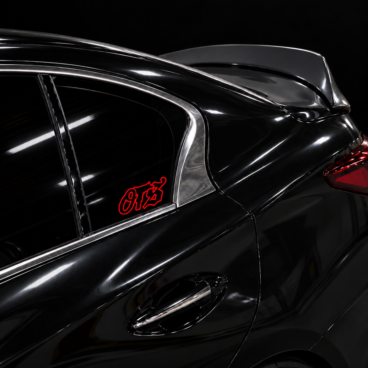 Red OTS 6 x 2.5 inch outline vinyl, no fill, on a black car side window