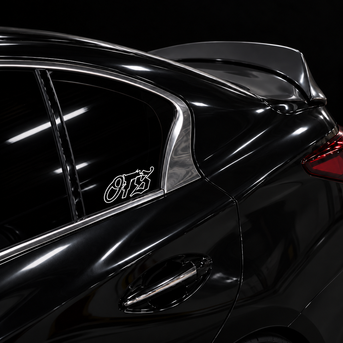 White OTS 6 x 2.5 inch outline vinyl, no fill, on a black car side window