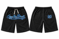 OTS black shorts with blue logo, front and back on white background