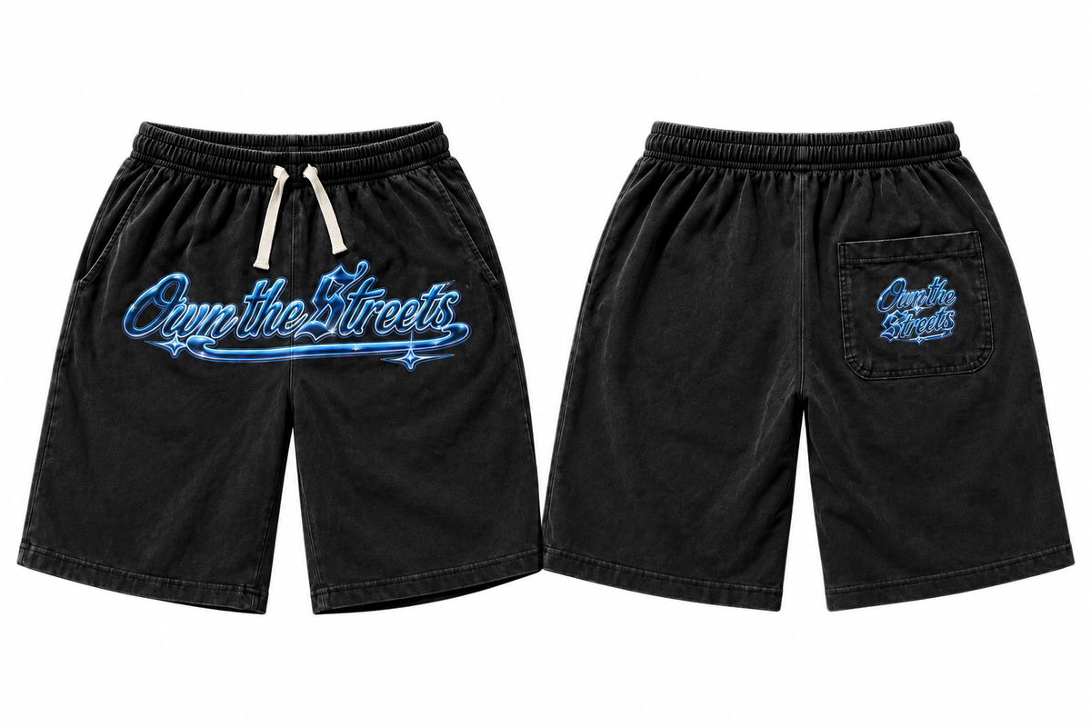 OTS black shorts with blue logo, front and back on white background