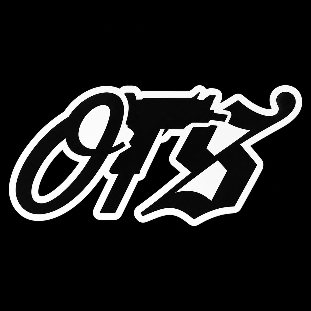 OTS solid black sticker with white border on black background