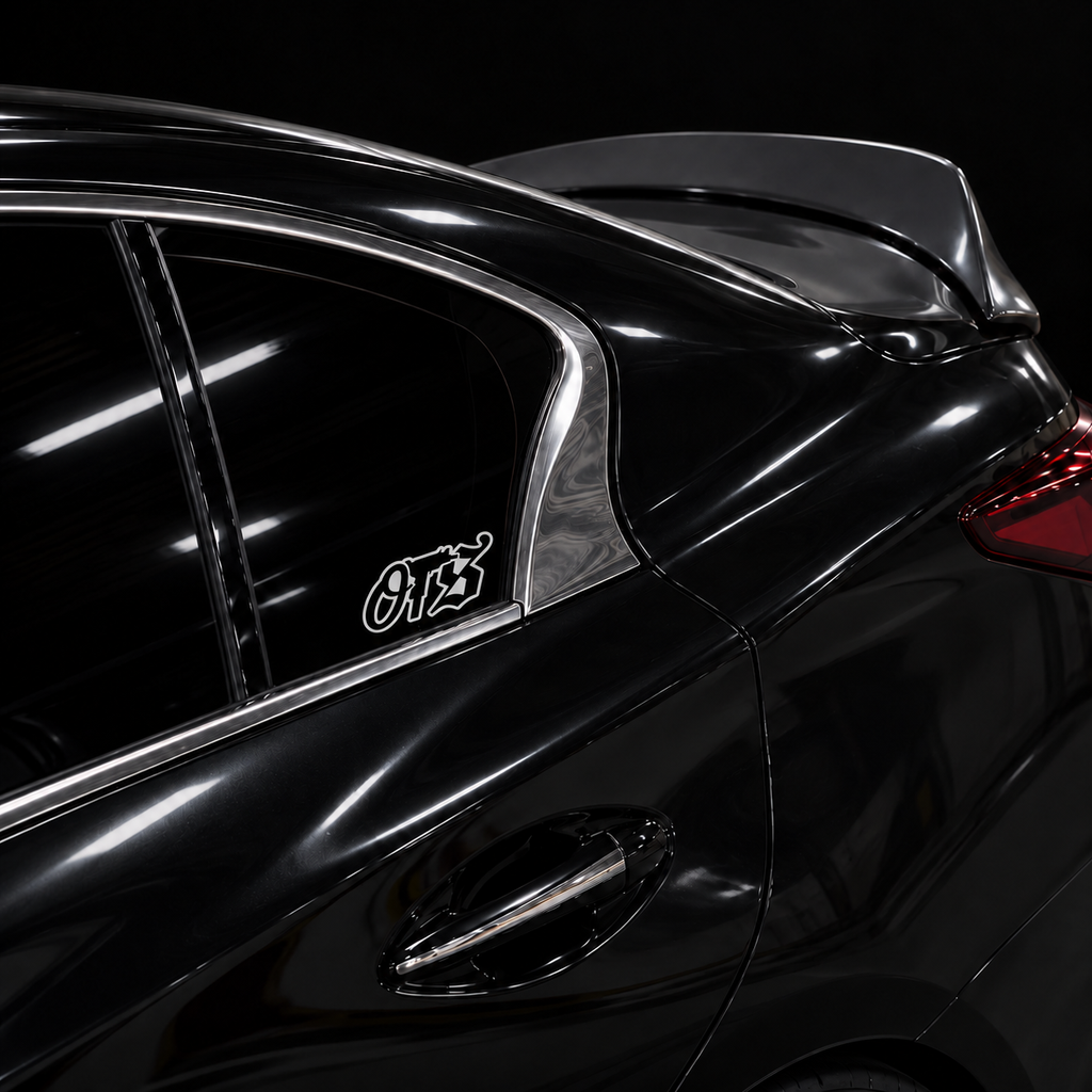 OTS Solid Black Sticker on a black car rear side window